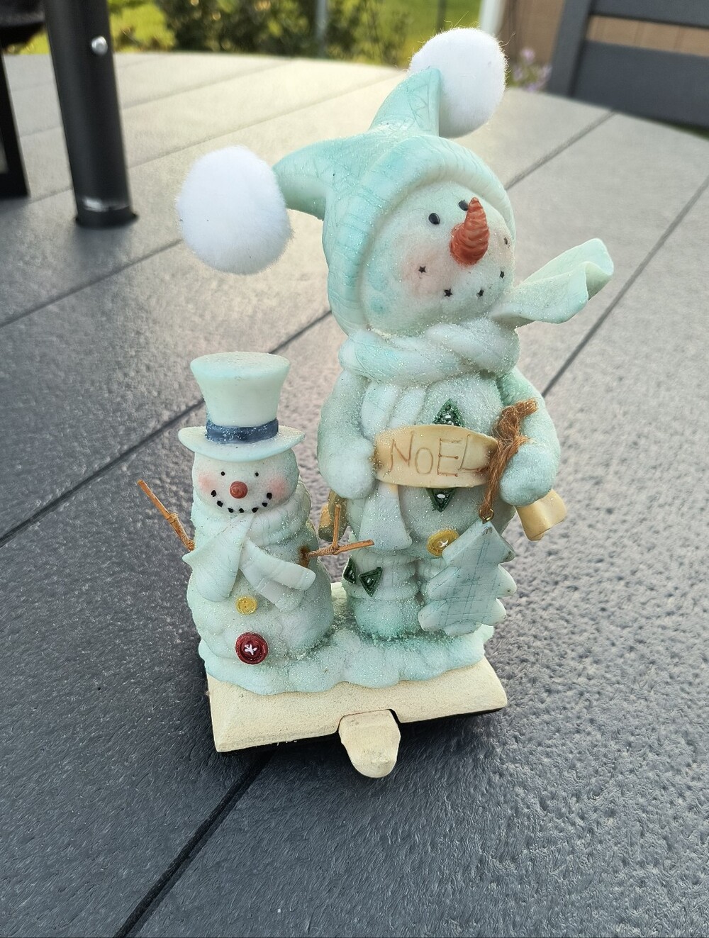 Vintage Snowman And Child Christmas Stocking Holder Glitter-dusted Noel Pom Pom